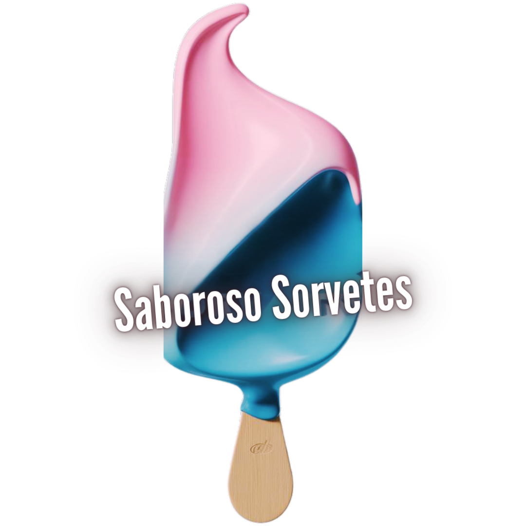 Logo da Saboroso Sorvetes, picolé em estilo sorvete de massa na cor azul e rosa